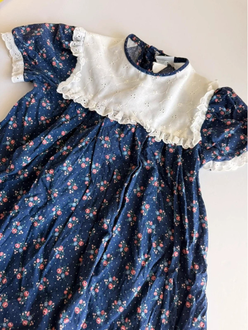 Vintage Cinderella Size 6X (fit 5T) Navy Floral Eyelet Collar Dress Cottagecore